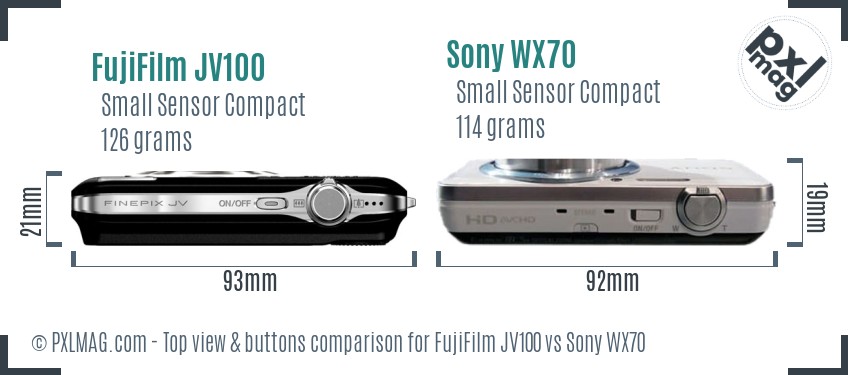FujiFilm JV100 vs Sony WX70 top view buttons comparison