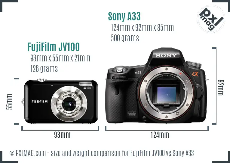 FujiFilm JV100 vs Sony A33 size comparison