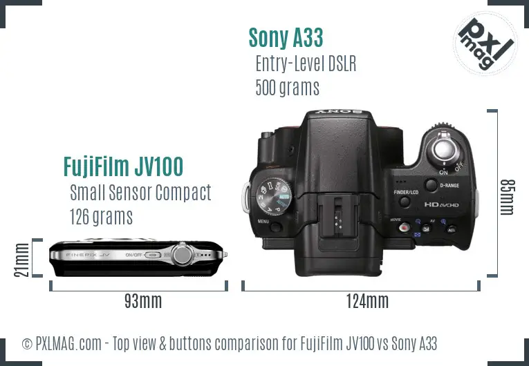 FujiFilm JV100 vs Sony A33 top view buttons comparison