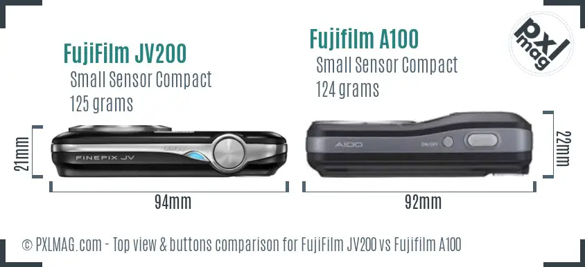 FujiFilm JV200 vs Fujifilm A100 top view buttons comparison FujiFilm JV200 vs Fujifilm A100 top view buttons comparison