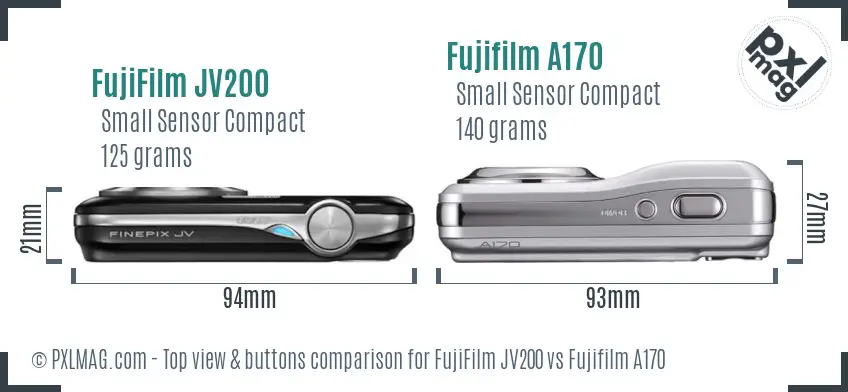 FujiFilm JV200 vs Fujifilm A170 top view buttons comparison FujiFilm JV200 vs Fujifilm A170 top view buttons comparison