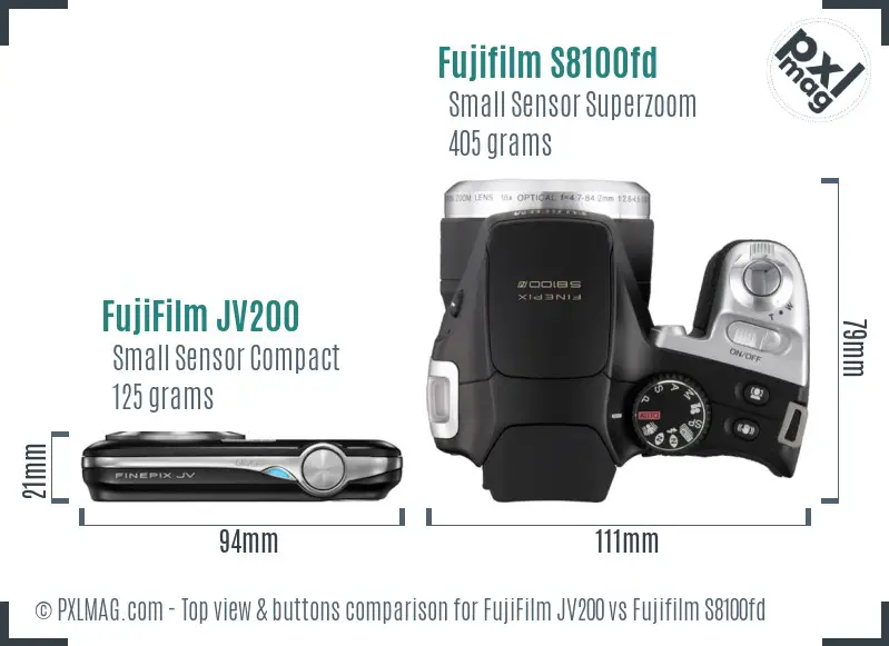 FujiFilm JV200 vs Fujifilm S8100fd top view buttons comparison