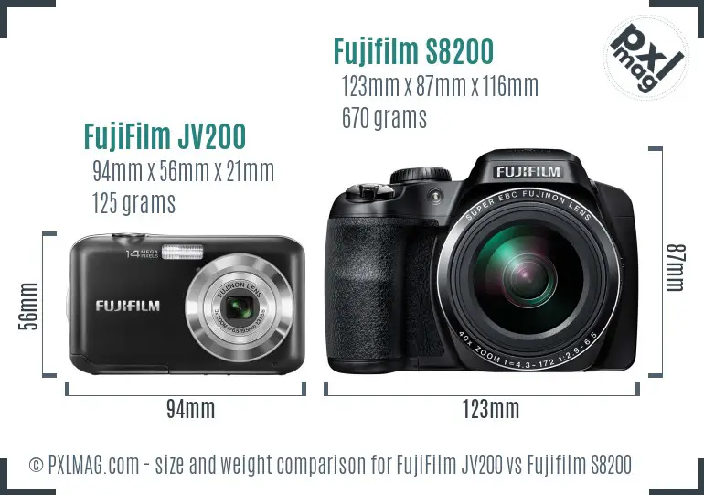 FujiFilm JV200 vs Fujifilm S8200 size comparison FujiFilm JV200 vs Fujifilm S8200 size comparison