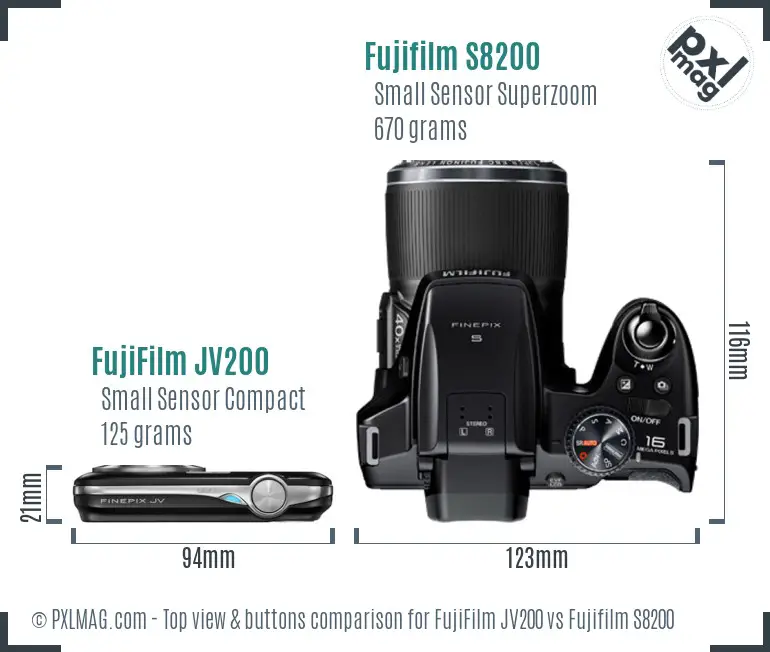 FujiFilm JV200 vs Fujifilm S8200 top view buttons comparison FujiFilm JV200 vs Fujifilm S8200 top view buttons comparison