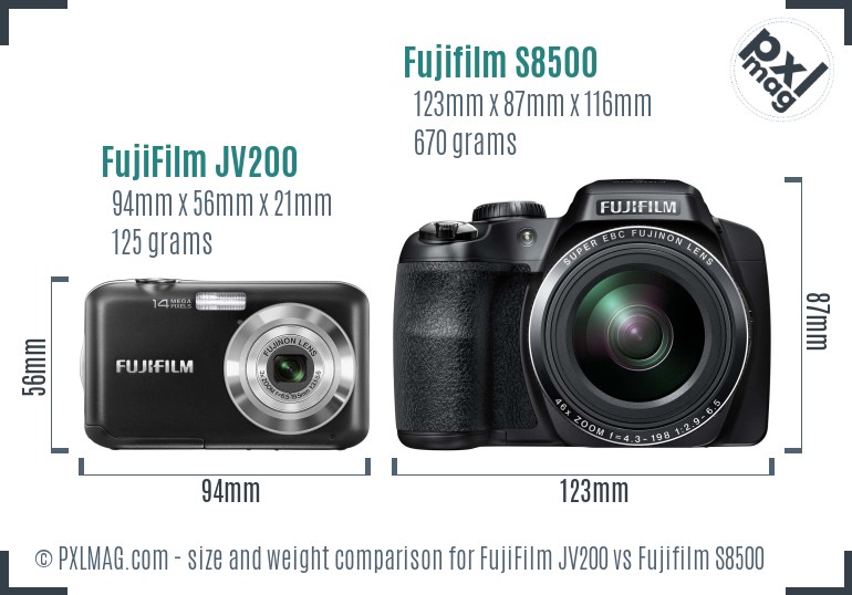 FujiFilm JV200 vs Fujifilm S8500 size comparison