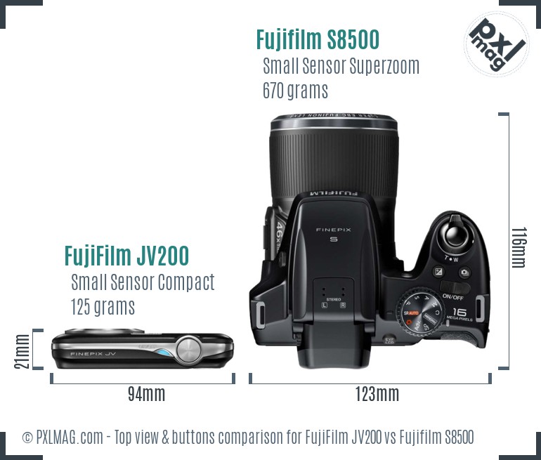 FujiFilm JV200 vs Fujifilm S8500 top view buttons comparison