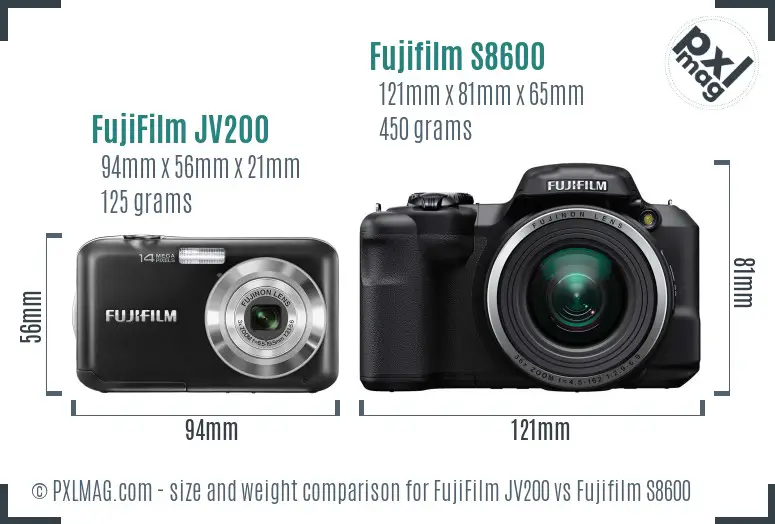FujiFilm JV200 vs Fujifilm S8600 size comparison FujiFilm JV200 vs Fujifilm S8600 size comparison