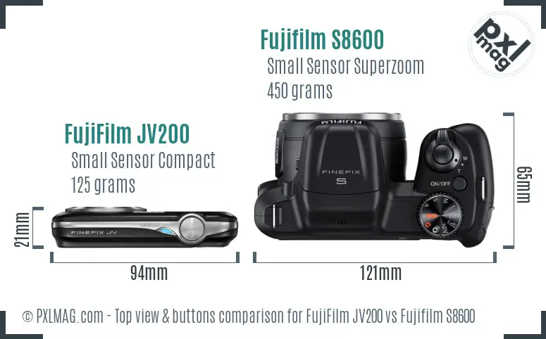 FujiFilm JV200 vs Fujifilm S8600 top view buttons comparison FujiFilm JV200 vs Fujifilm S8600 top view buttons comparison