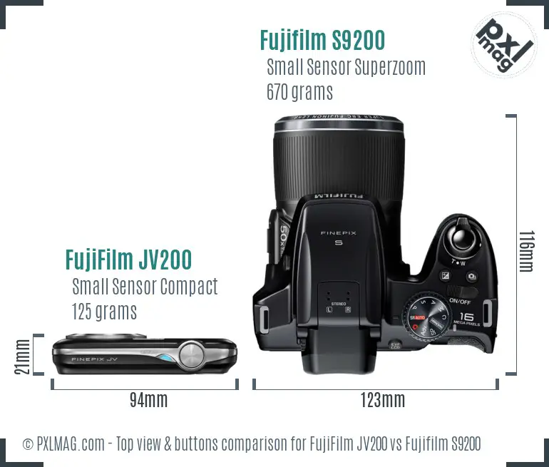 FujiFilm JV200 vs Fujifilm S9200 top view buttons comparison FujiFilm JV200 vs Fujifilm S9200 top view buttons comparison