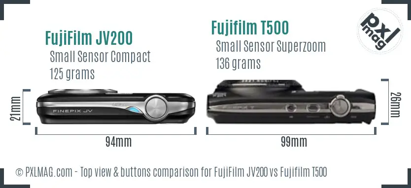 FujiFilm JV200 vs Fujifilm T500 top view buttons comparison FujiFilm JV200 vs Fujifilm T500 top view buttons comparison