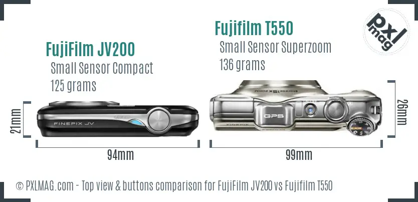 FujiFilm JV200 vs Fujifilm T550 top view buttons comparison FujiFilm JV200 vs Fujifilm T550 top view buttons comparison