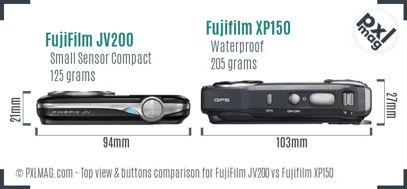 FujiFilm JV200 vs Fujifilm XP150 top view buttons comparison