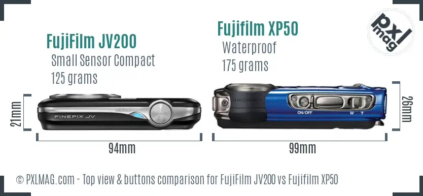 FujiFilm JV200 vs Fujifilm XP50 top view buttons comparison