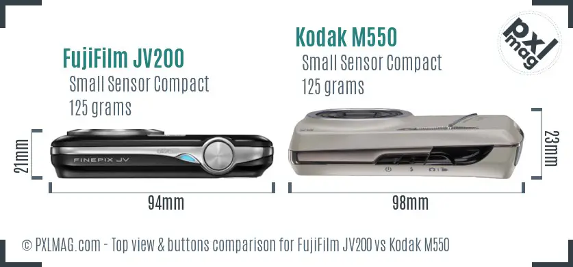 FujiFilm JV200 vs Kodak M550 top view buttons comparison FujiFilm JV200 vs Kodak M550 top view buttons comparison