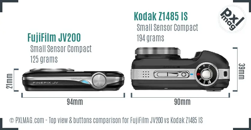 FujiFilm JV200 vs Kodak Z1485 IS top view buttons comparison FujiFilm JV200 vs Kodak Z1485 IS top view buttons comparison