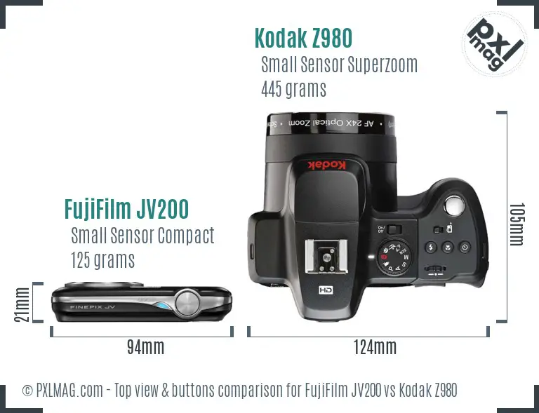 FujiFilm JV200 vs Kodak Z980 top view buttons comparison