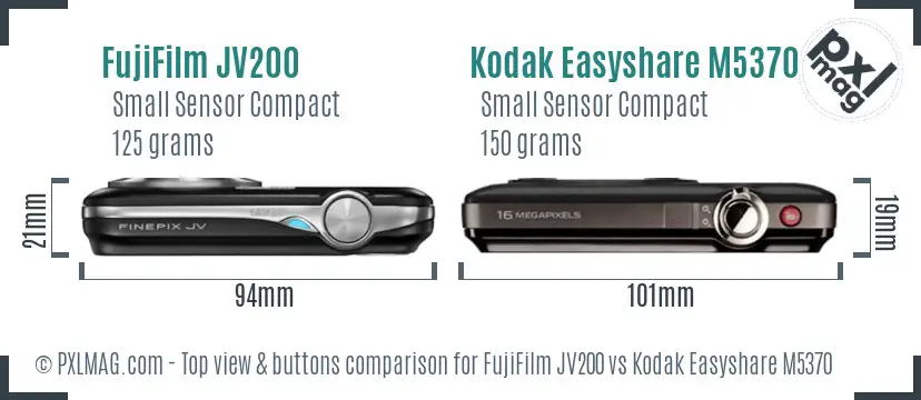 FujiFilm JV200 vs Kodak Easyshare M5370 top view buttons comparison FujiFilm JV200 vs Kodak Easyshare M5370 top view buttons comparison