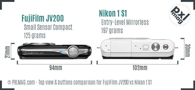 FujiFilm JV200 vs Nikon 1 S1 top view buttons comparison