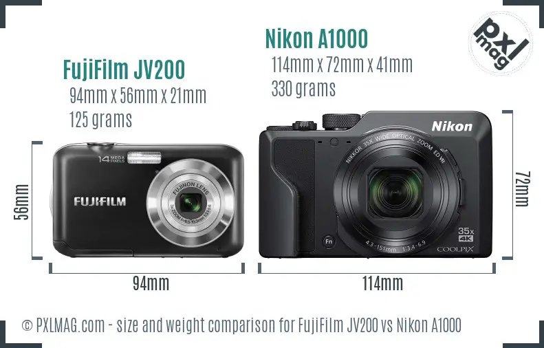 FujiFilm JV200 vs Nikon A1000 size comparison