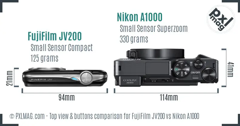 FujiFilm JV200 vs Nikon A1000 top view buttons comparison