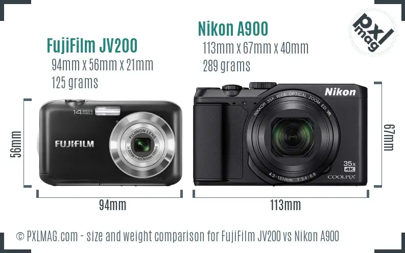 FujiFilm JV200 vs Nikon A900 size comparison FujiFilm JV200 vs Nikon A900 size comparison