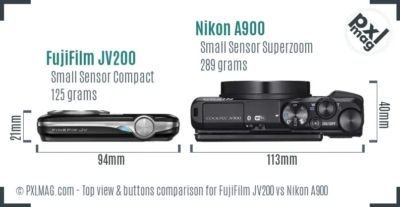 FujiFilm JV200 vs Nikon A900 top view buttons comparison FujiFilm JV200 vs Nikon A900 top view buttons comparison