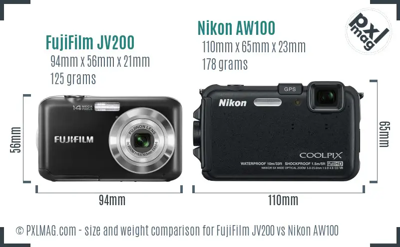 FujiFilm JV200 vs Nikon AW100 size comparison FujiFilm JV200 vs Nikon AW100 size comparison