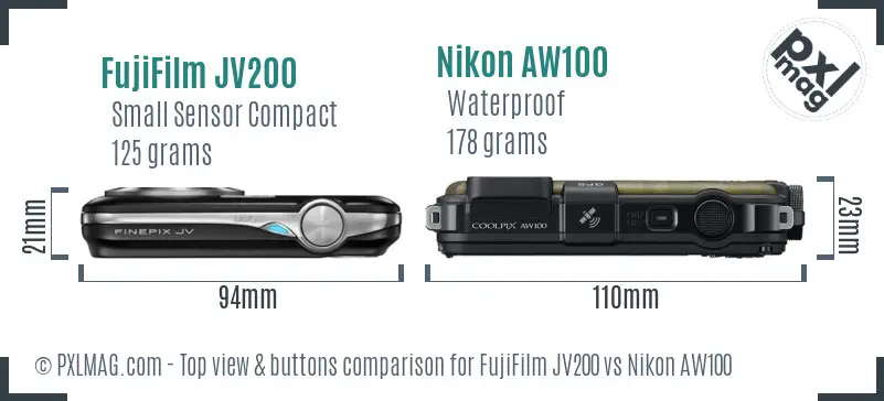 FujiFilm JV200 vs Nikon AW100 top view buttons comparison