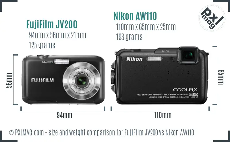 FujiFilm JV200 vs Nikon AW110 size comparison