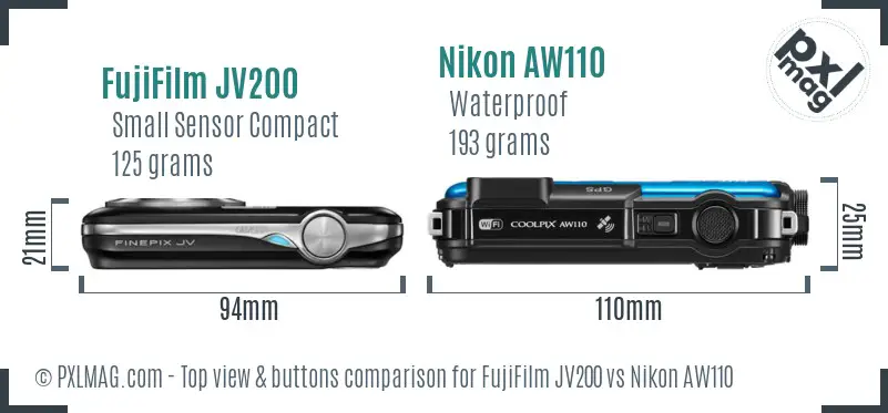FujiFilm JV200 vs Nikon AW110 top view buttons comparison