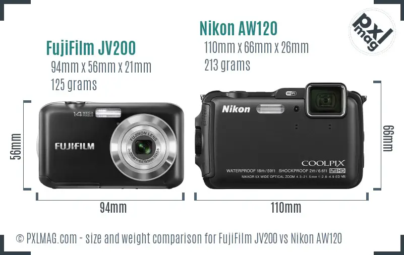FujiFilm JV200 vs Nikon AW120 size comparison FujiFilm JV200 vs Nikon AW120 size comparison