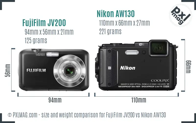 FujiFilm JV200 vs Nikon AW130 size comparison