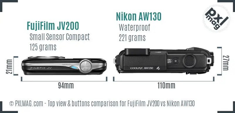 FujiFilm JV200 vs Nikon AW130 top view buttons comparison