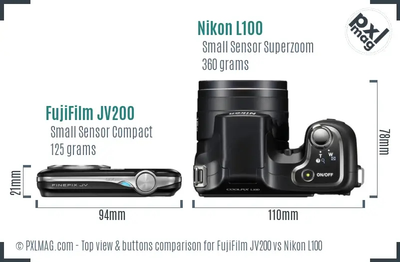 FujiFilm JV200 vs Nikon L100 top view buttons comparison