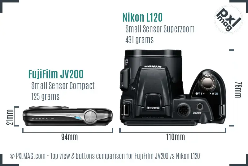 FujiFilm JV200 vs Nikon L120 top view buttons comparison