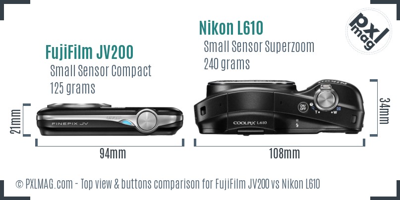 FujiFilm JV200 vs Nikon L610 top view buttons comparison