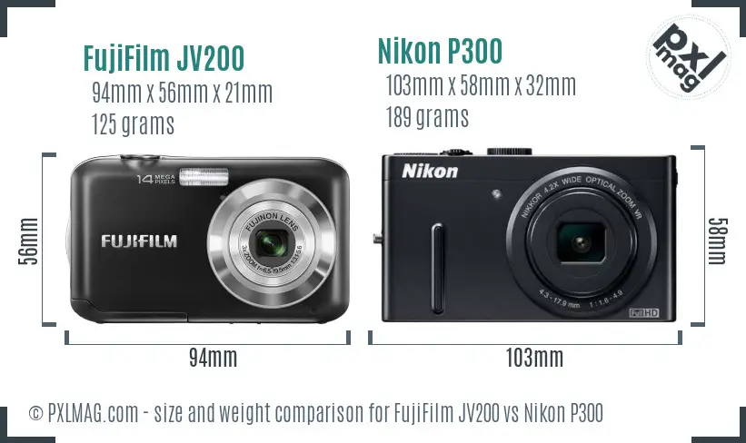 FujiFilm JV200 vs Nikon P300 size comparison