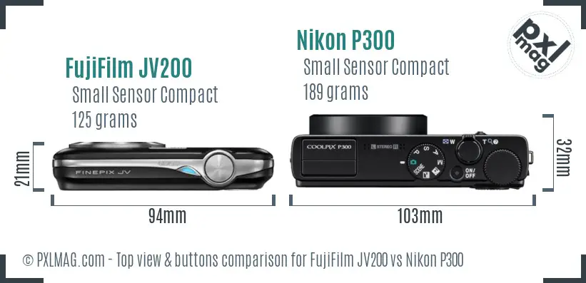 FujiFilm JV200 vs Nikon P300 top view buttons comparison