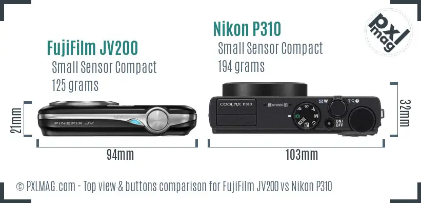 FujiFilm JV200 vs Nikon P310 top view buttons comparison FujiFilm JV200 vs Nikon P310 top view buttons comparison
