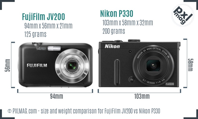 FujiFilm JV200 vs Nikon P330 size comparison