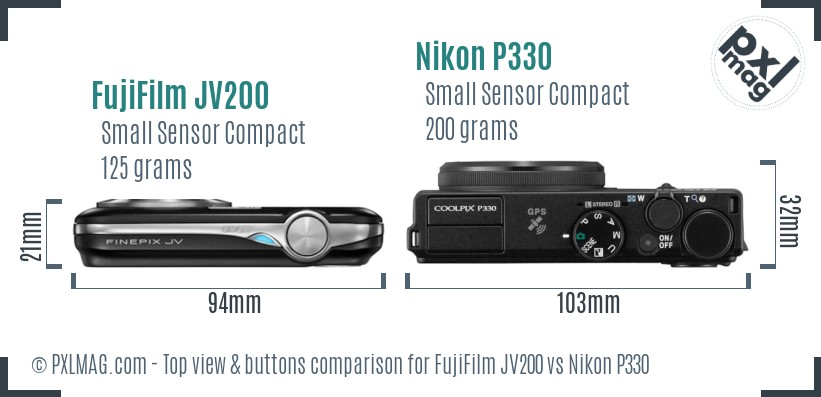 FujiFilm JV200 vs Nikon P330 top view buttons comparison