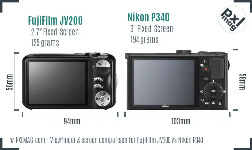 FujiFilm JV200 vs Nikon P340 Screen and Viewfinder comparison