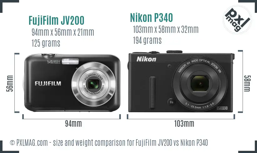 FujiFilm JV200 vs Nikon P340 size comparison