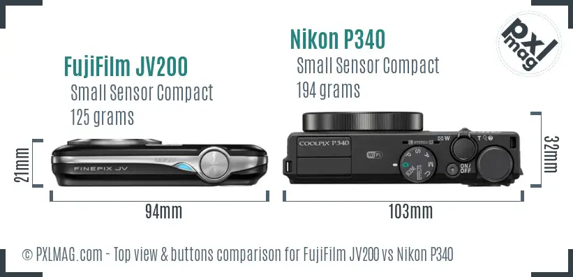 FujiFilm JV200 vs Nikon P340 top view buttons comparison