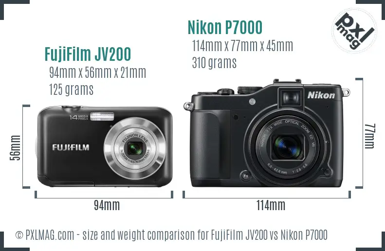 FujiFilm JV200 vs Nikon P7000 size comparison