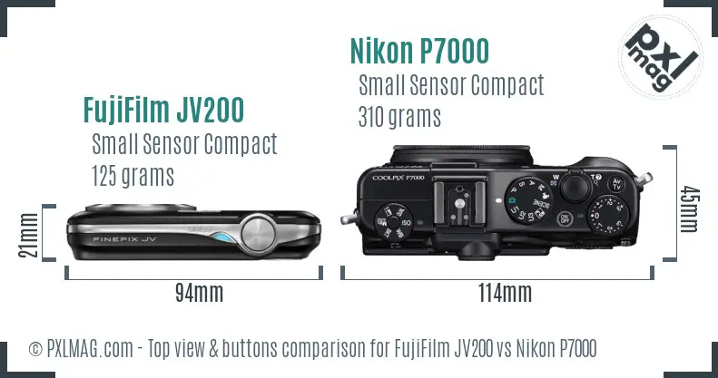 FujiFilm JV200 vs Nikon P7000 top view buttons comparison