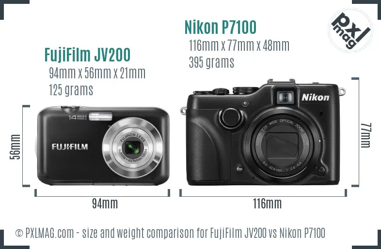 FujiFilm JV200 vs Nikon P7100 size comparison
