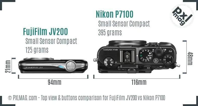 FujiFilm JV200 vs Nikon P7100 top view buttons comparison