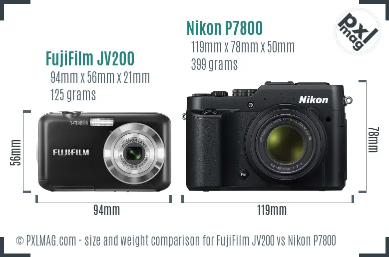 FujiFilm JV200 vs Nikon P7800 size comparison