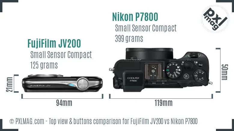FujiFilm JV200 vs Nikon P7800 top view buttons comparison
